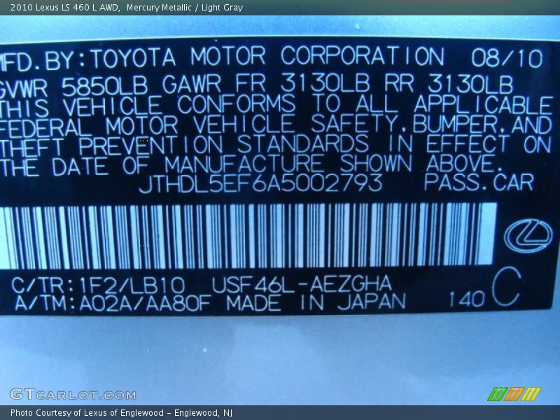 Mercury Metallic / Light Gray 2010 Lexus LS 460 L AWD