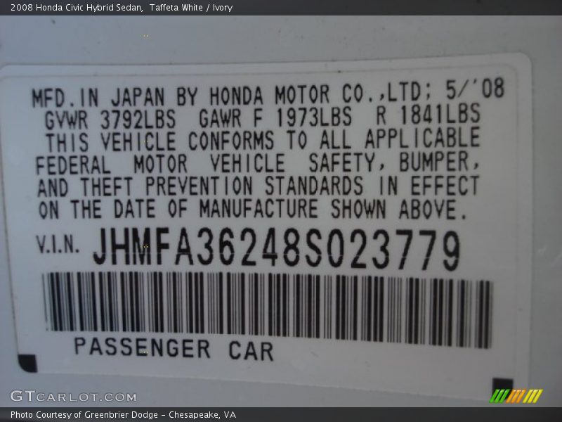 Taffeta White / Ivory 2008 Honda Civic Hybrid Sedan