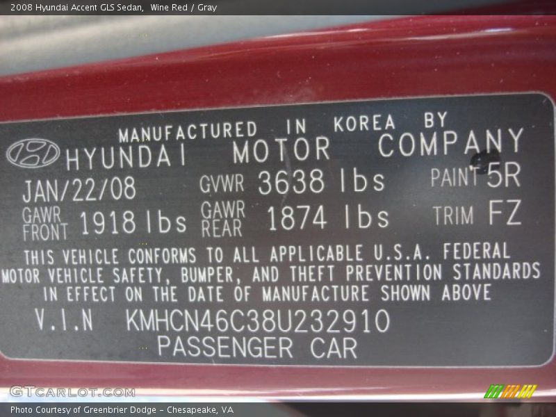 2008 Accent GLS Sedan Wine Red Color Code 5R