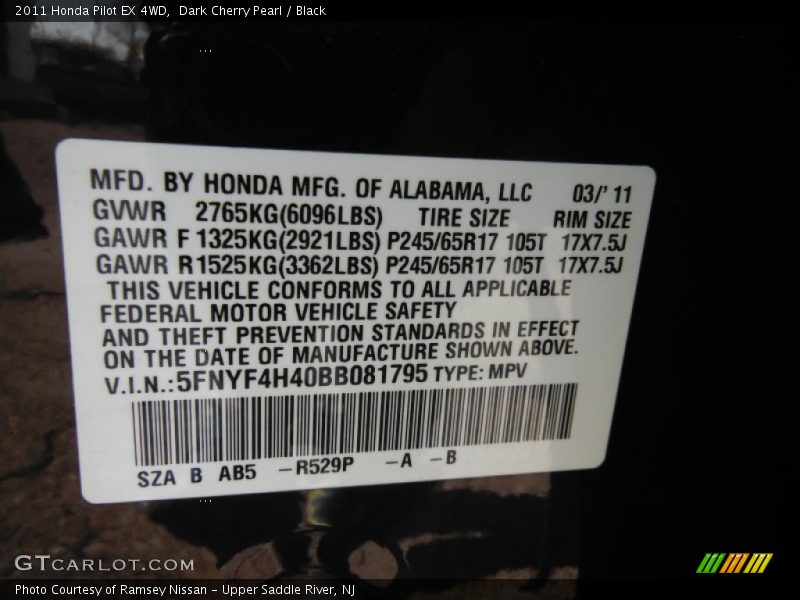 Dark Cherry Pearl / Black 2011 Honda Pilot EX 4WD