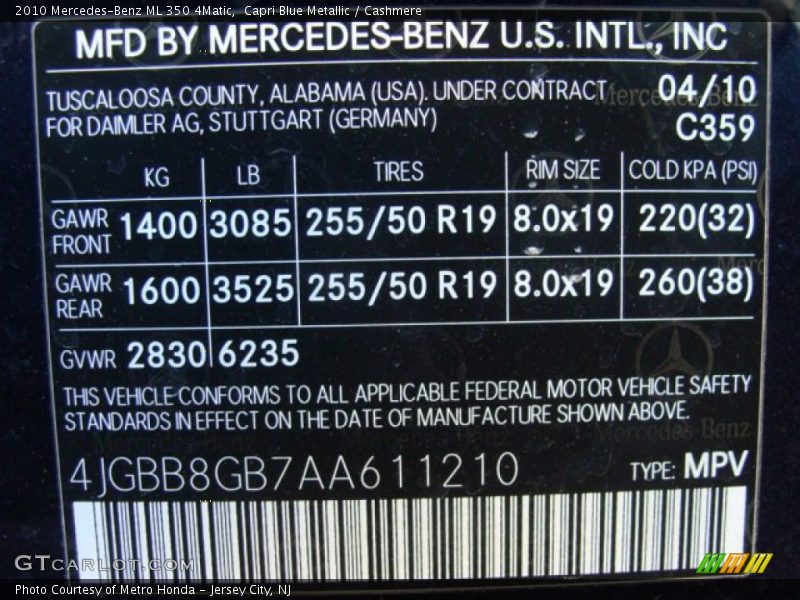 Capri Blue Metallic / Cashmere 2010 Mercedes-Benz ML 350 4Matic