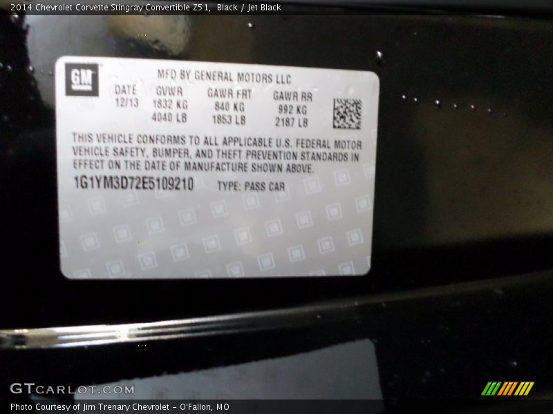 Info Tag of 2014 Corvette Stingray Convertible Z51