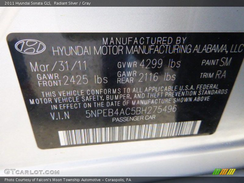Radiant Silver / Gray 2011 Hyundai Sonata GLS