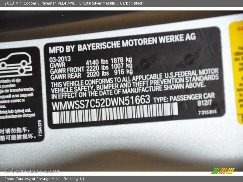 Crystal Silver Metallic / Carbon Black 2013 Mini Cooper S Paceman ALL4 AWD