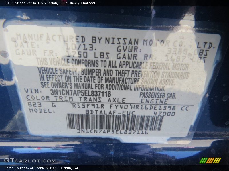 Blue Onyx / Charcoal 2014 Nissan Versa 1.6 S Sedan