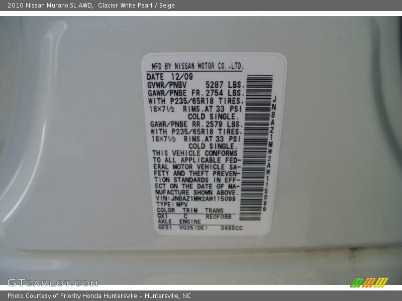 Glacier White Pearl / Beige 2010 Nissan Murano SL AWD