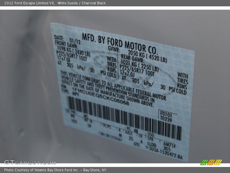 White Suede / Charcoal Black 2012 Ford Escape Limited V6