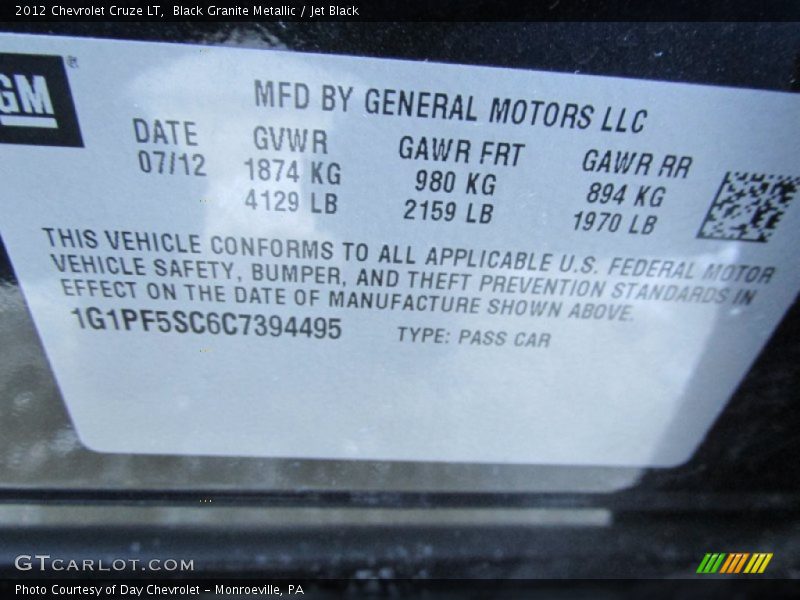 Black Granite Metallic / Jet Black 2012 Chevrolet Cruze LT