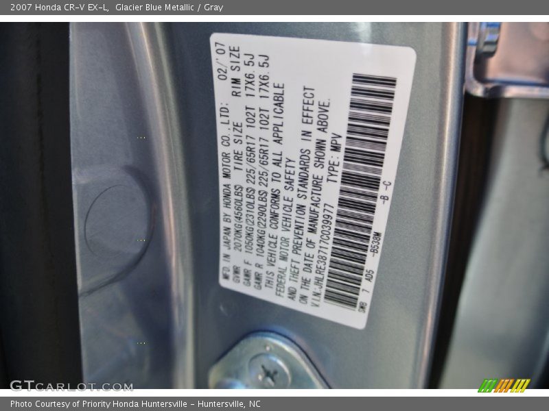 Glacier Blue Metallic / Gray 2007 Honda CR-V EX-L
