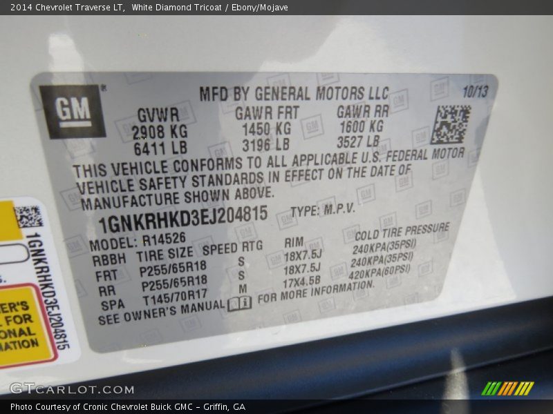 White Diamond Tricoat / Ebony/Mojave 2014 Chevrolet Traverse LT