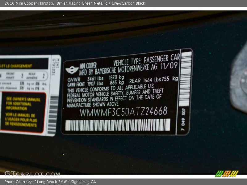 British Racing Green Metallic / Grey/Carbon Black 2010 Mini Cooper Hardtop
