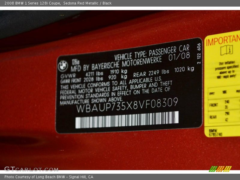 Sedona Red Metallic / Black 2008 BMW 1 Series 128i Coupe
