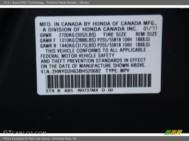 Polished Metal Metallic / Ebony 2011 Acura MDX Technology