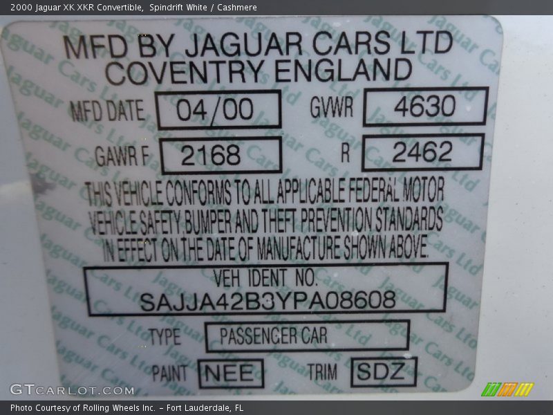 2000 XK XKR Convertible Spindrift White Color Code NEE