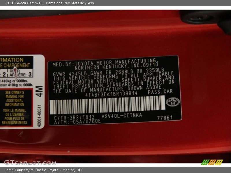 Barcelona Red Metallic / Ash 2011 Toyota Camry LE