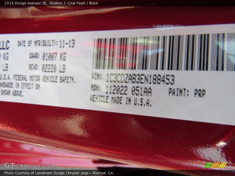 Redline 2-Coat Pearl / Black 2014 Dodge Avenger SE