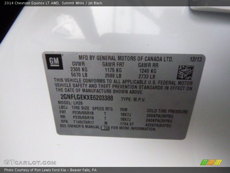 Summit White / Jet Black 2014 Chevrolet Equinox LT AWD