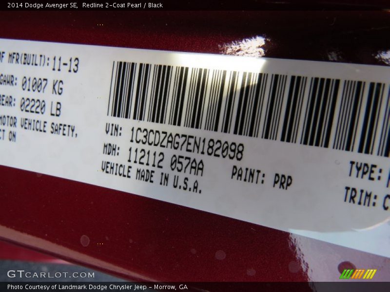 Redline 2-Coat Pearl / Black 2014 Dodge Avenger SE