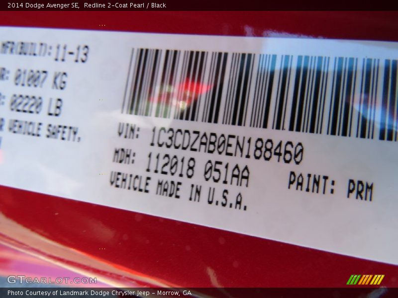 Redline 2-Coat Pearl / Black 2014 Dodge Avenger SE