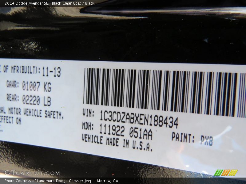 Black Clear Coat / Black 2014 Dodge Avenger SE