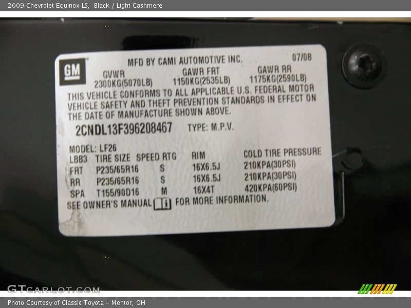 Black / Light Cashmere 2009 Chevrolet Equinox LS