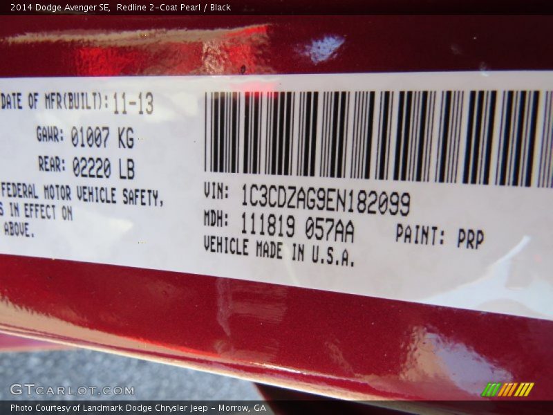 Redline 2-Coat Pearl / Black 2014 Dodge Avenger SE