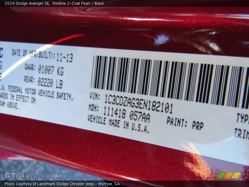 Redline 2-Coat Pearl / Black 2014 Dodge Avenger SE