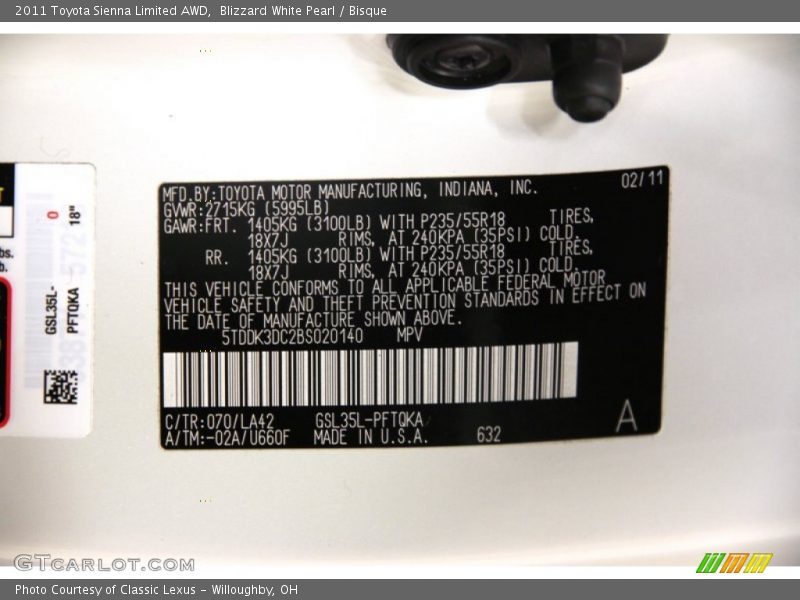 Blizzard White Pearl / Bisque 2011 Toyota Sienna Limited AWD