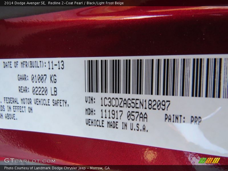 Redline 2-Coat Pearl / Black/Light Frost Beige 2014 Dodge Avenger SE