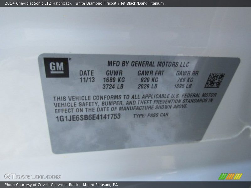 White Diamond Tricoat / Jet Black/Dark Titanium 2014 Chevrolet Sonic LTZ Hatchback