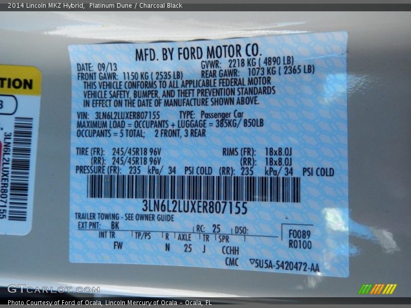 Platinum Dune / Charcoal Black 2014 Lincoln MKZ Hybrid