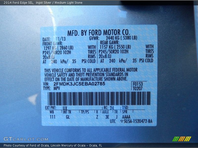 2014 Edge SEL Ingot Silver Color Code UX