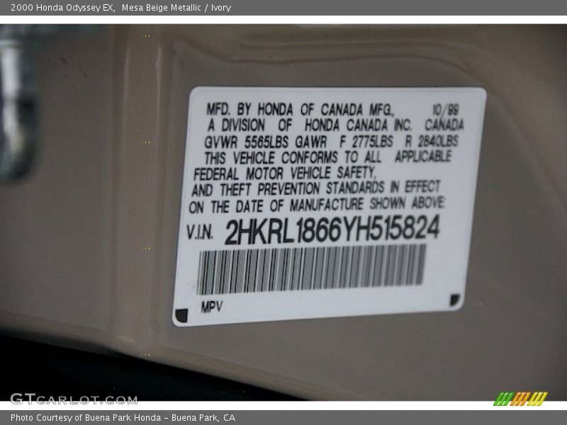 Mesa Beige Metallic / Ivory 2000 Honda Odyssey EX