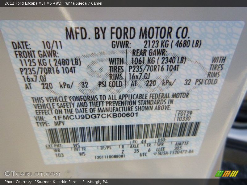 White Suede / Camel 2012 Ford Escape XLT V6 4WD
