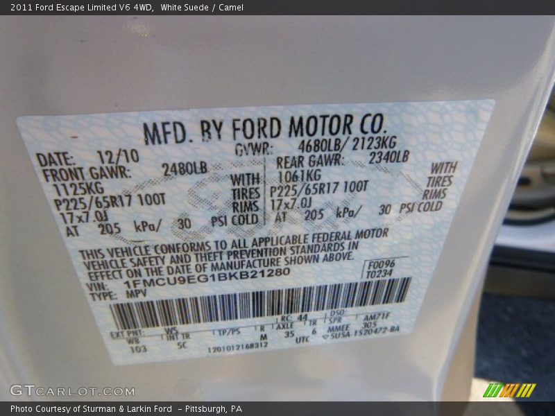 White Suede / Camel 2011 Ford Escape Limited V6 4WD