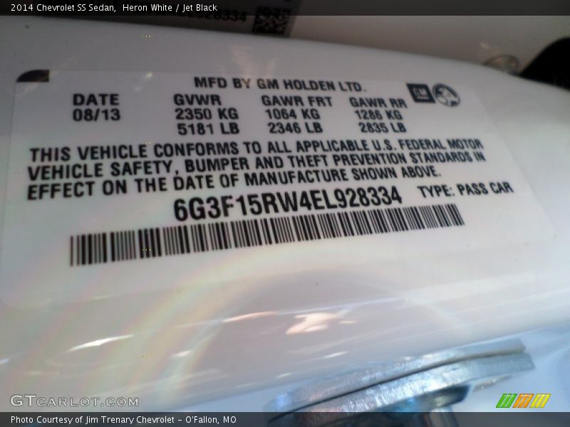 Info Tag of 2014 SS Sedan