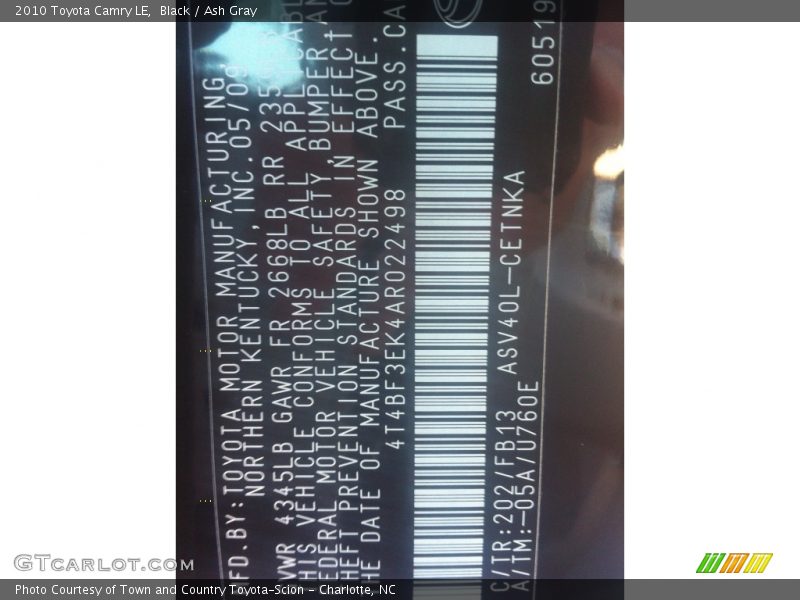 Black / Ash Gray 2010 Toyota Camry LE
