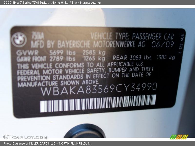 Alpine White / Black Nappa Leather 2009 BMW 7 Series 750i Sedan