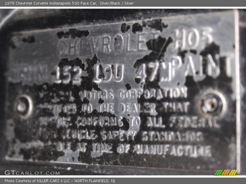 Info Tag of 1978 Corvette Indianapolis 500 Pace Car