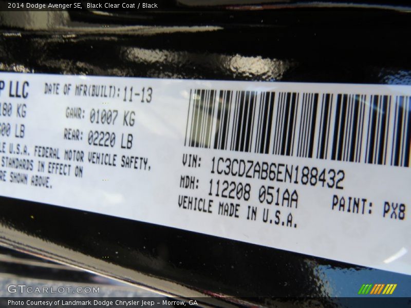 Black Clear Coat / Black 2014 Dodge Avenger SE