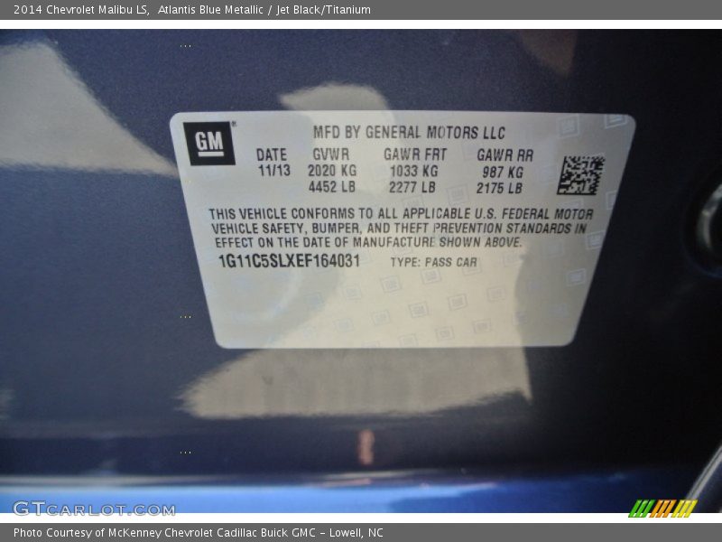 Atlantis Blue Metallic / Jet Black/Titanium 2014 Chevrolet Malibu LS