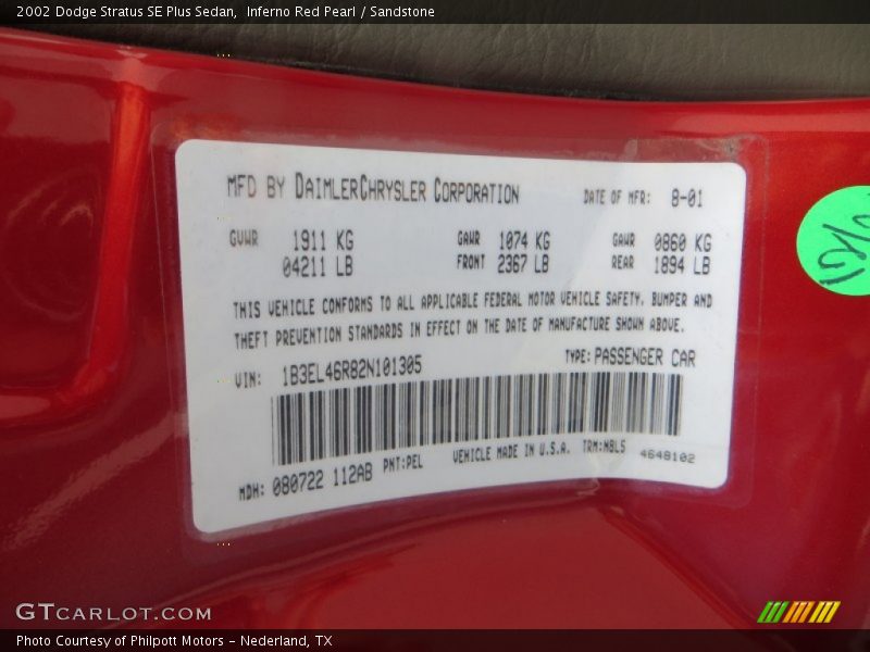Inferno Red Pearl / Sandstone 2002 Dodge Stratus SE Plus Sedan