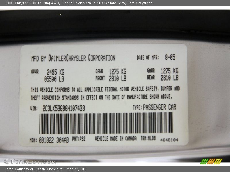 Bright Silver Metallic / Dark Slate Gray/Light Graystone 2006 Chrysler 300 Touring AWD