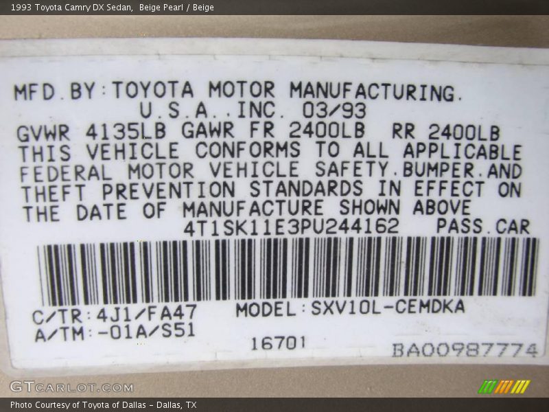 Beige Pearl / Beige 1993 Toyota Camry DX Sedan