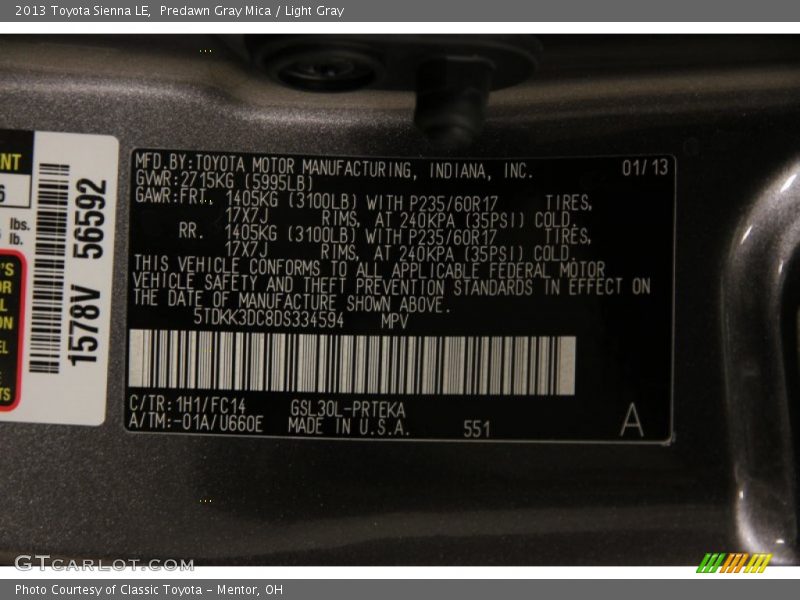 Predawn Gray Mica / Light Gray 2013 Toyota Sienna LE