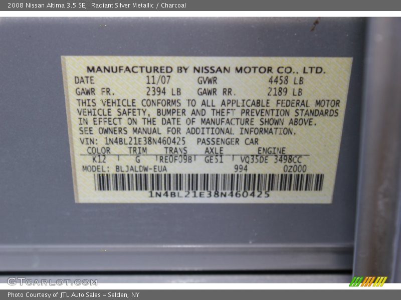 Radiant Silver Metallic / Charcoal 2008 Nissan Altima 3.5 SE