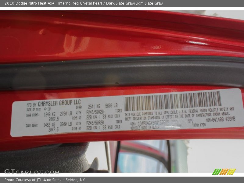 Inferno Red Crystal Pearl / Dark Slate Gray/Light Slate Gray 2010 Dodge Nitro Heat 4x4