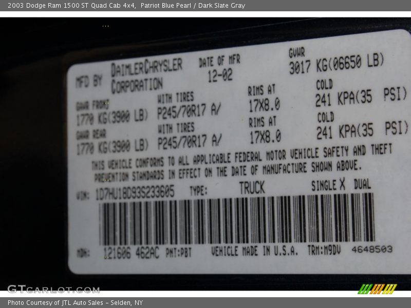 2003 Ram 1500 ST Quad Cab 4x4 Patriot Blue Pearl Color Code PBT