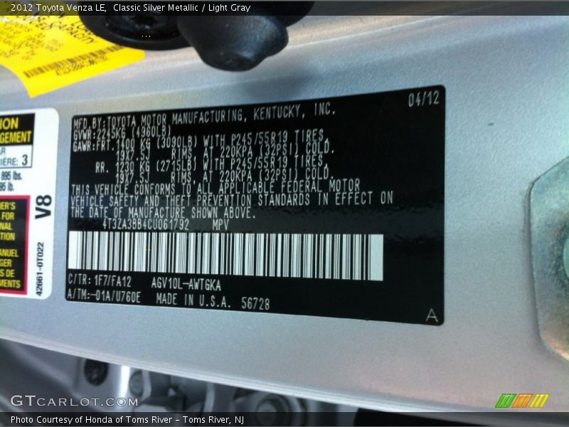 Classic Silver Metallic / Light Gray 2012 Toyota Venza LE