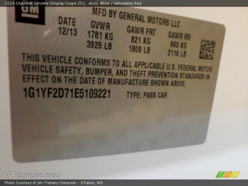 Info Tag of 2014 Corvette Stingray Coupe Z51